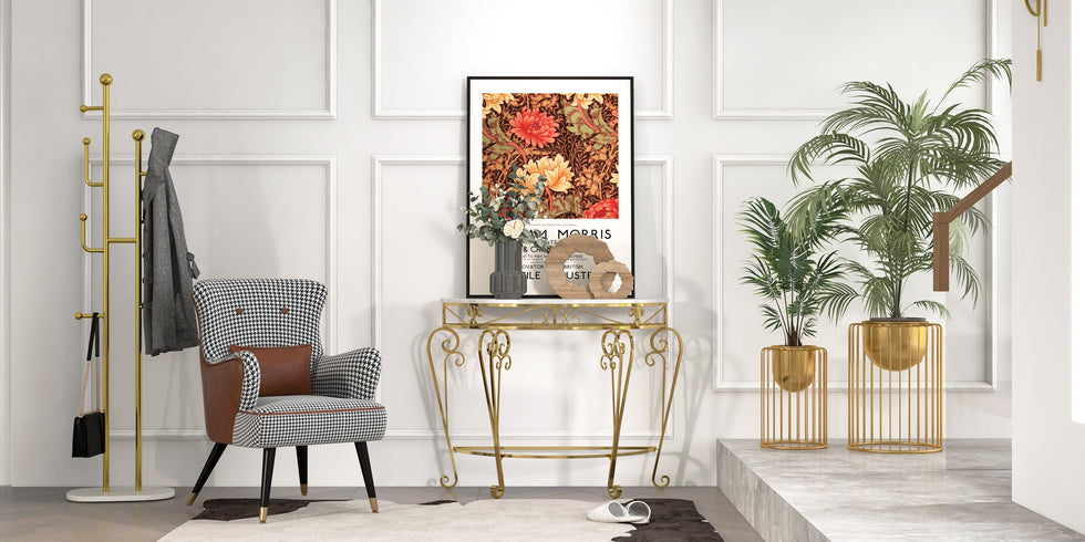 HMR - Modern Metal Console Table with Classical Frame in Gold