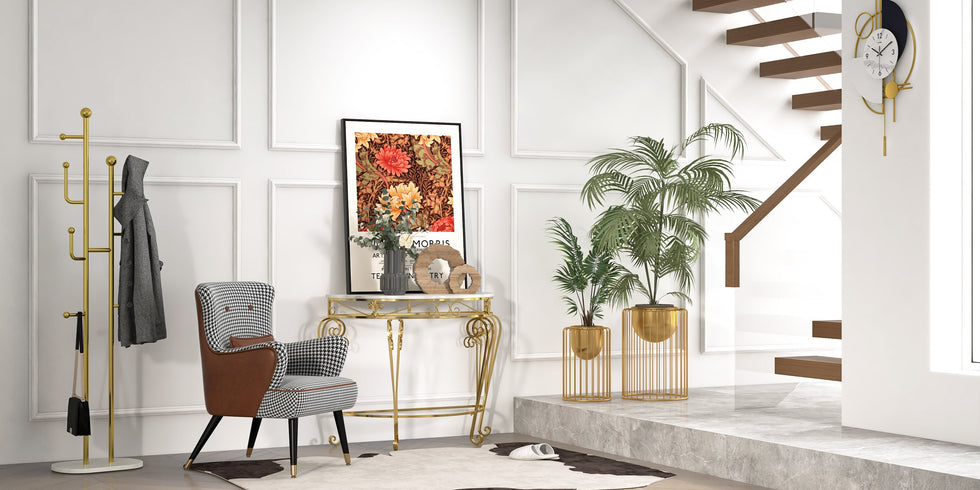 HMR - Modern Metal Console Table with Classical Frame in Gold