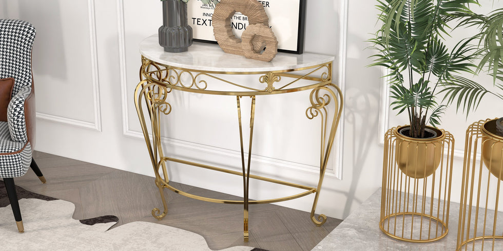 HMR - Modern Metal Console Table with Classical Frame in Gold