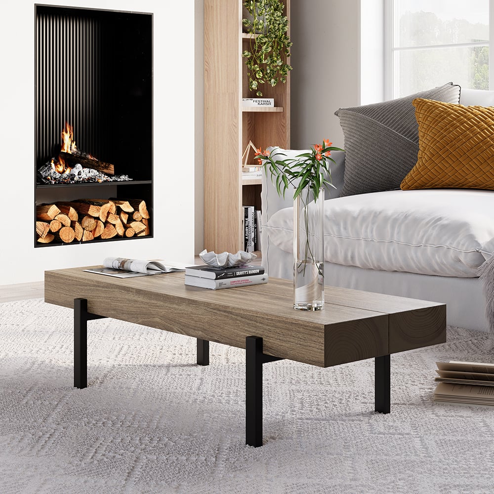 HMR - 39" Rustic Rectangular Narrow Coffee Table Wood Top for Small Space