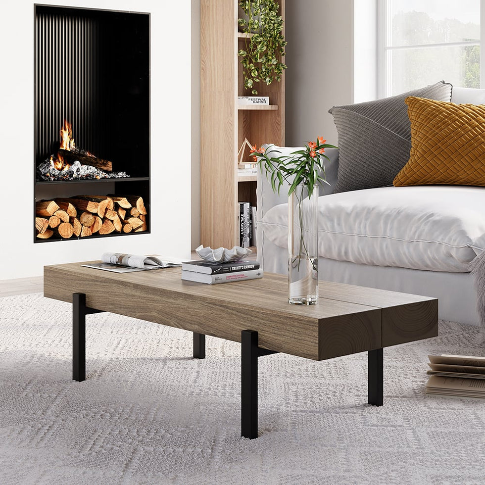 HMR - 39" Rustic Rectangular Narrow Coffee Table Wood Top for Small Space