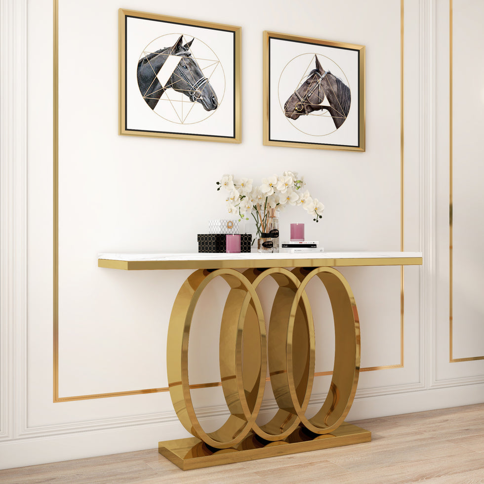 HMR - 47.2" Narrow Console Table with Faux Marble Top in White