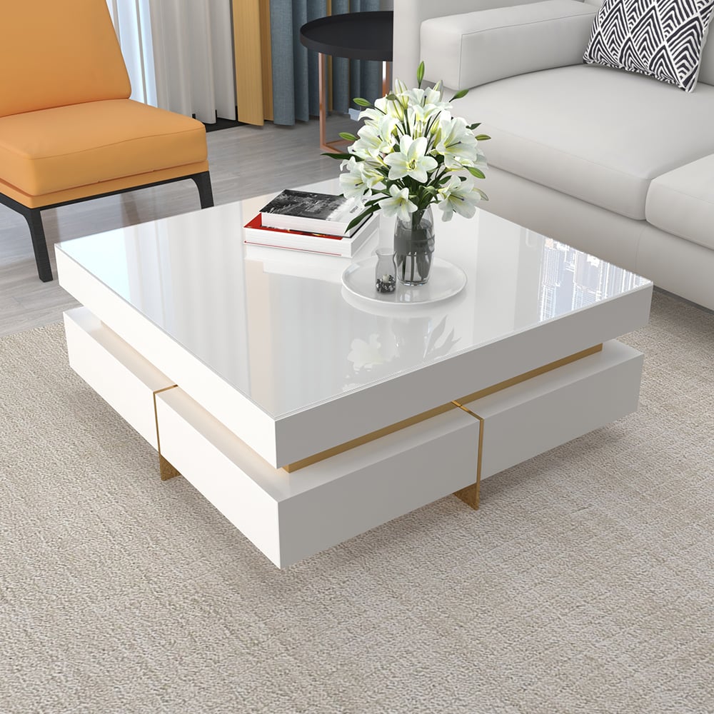HMR - Modern Square Coffee Table with Drawers