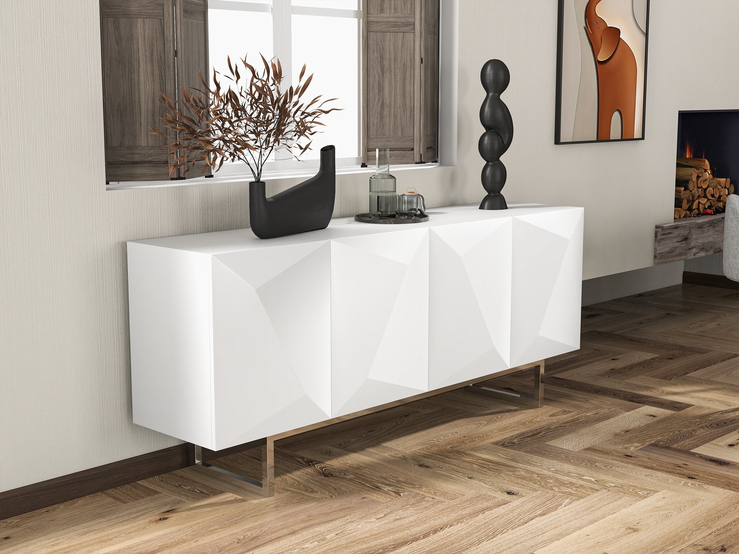 HMR - 71" Modern Wood Sideboard and Buffets with 4 Doors Adjustable Shelves