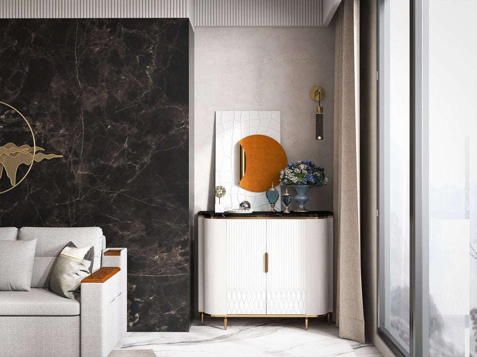 HMR - Luxury 2-Door Faux Marble Top Cabinet in White