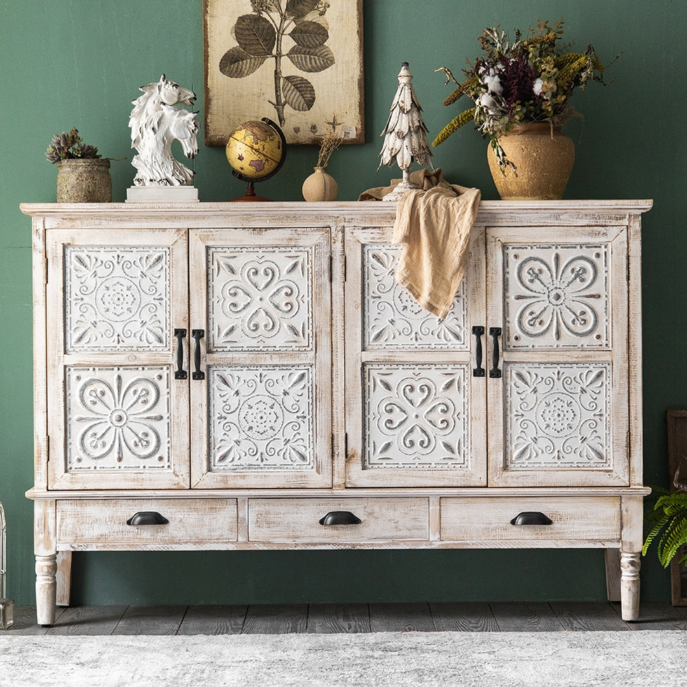 HMR - Farmhouse Distressed Buffet with 3 Drawers and 2 Shelves 59" in White