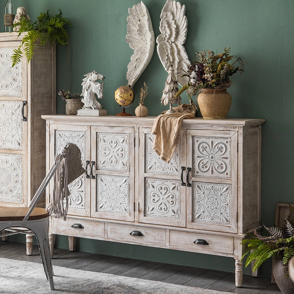 HMR - Farmhouse Distressed Buffet with 3 Drawers and 2 Shelves 59" in White