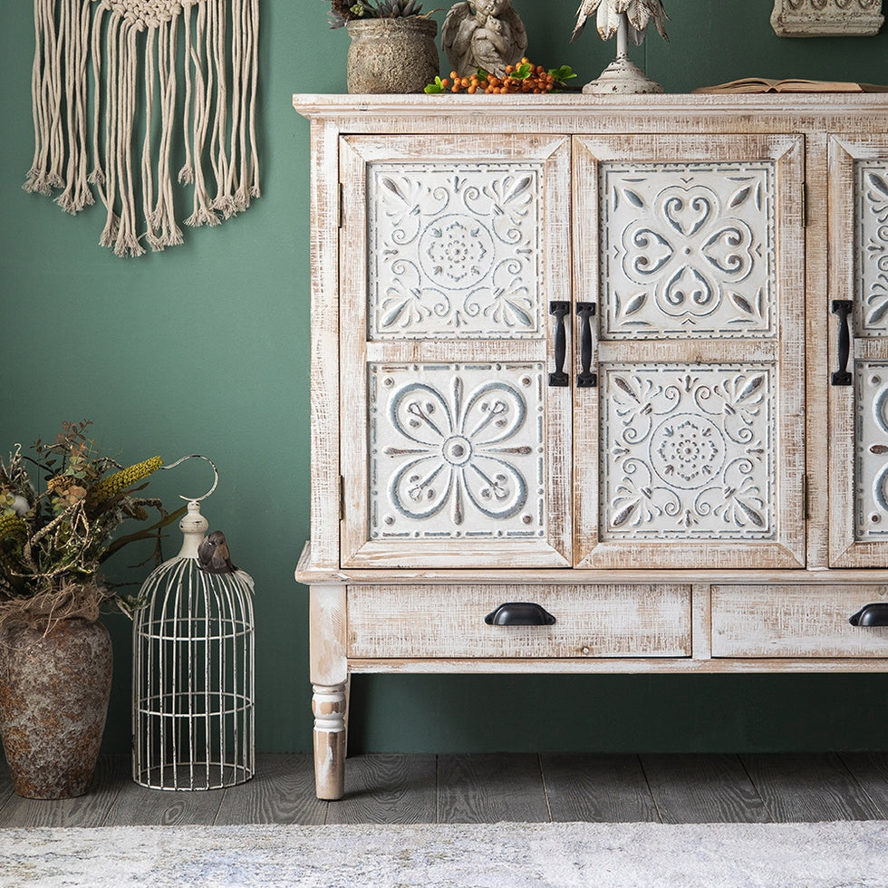 HMR - Farmhouse Distressed Buffet with 3 Drawers and 2 Shelves 59" in White