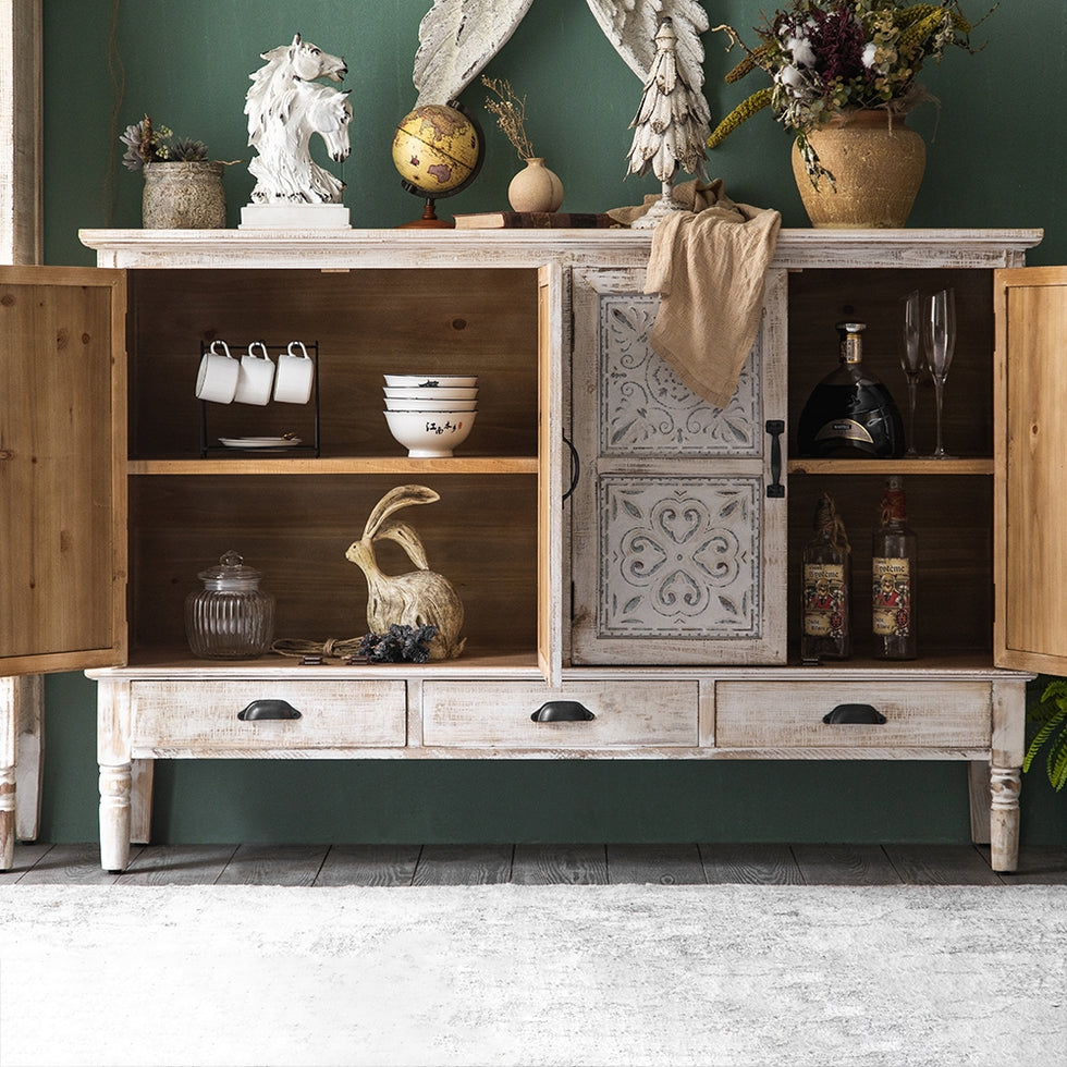 HMR - Farmhouse Distressed Buffet with 3 Drawers and 2 Shelves 59" in White