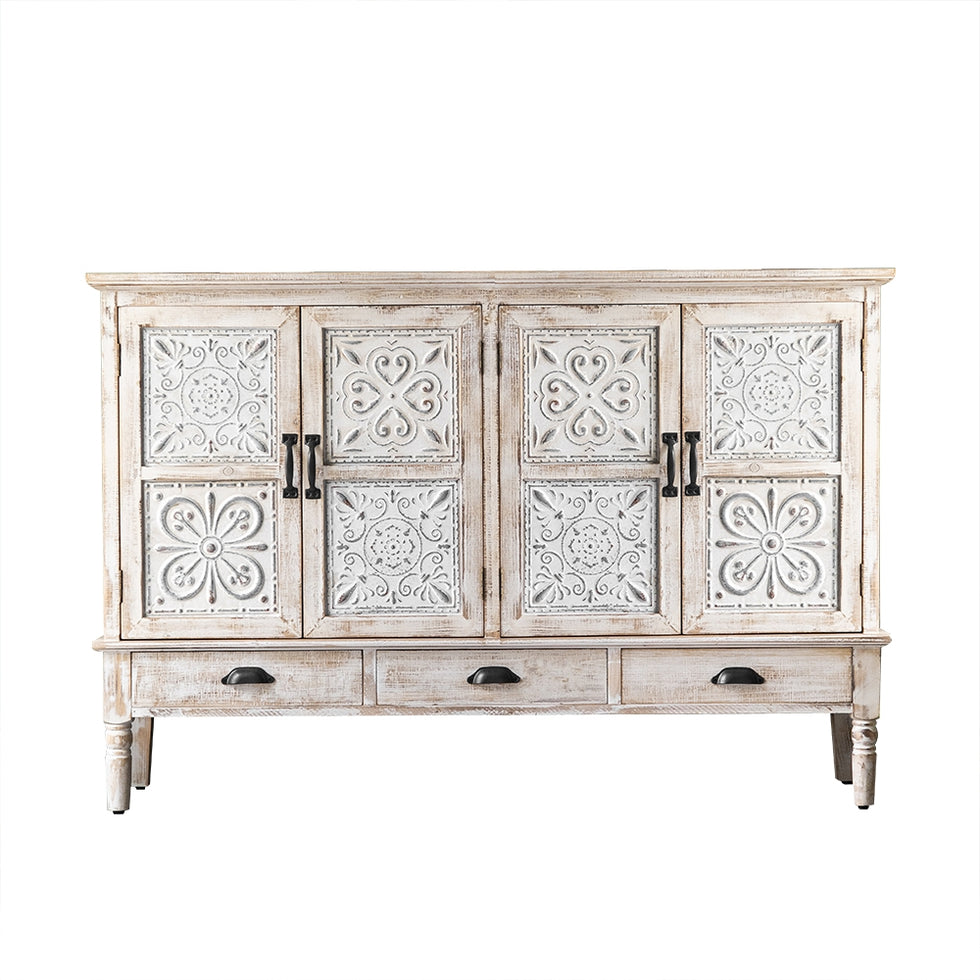 HMR - Farmhouse Distressed Buffet with 3 Drawers and 2 Shelves 59" in White