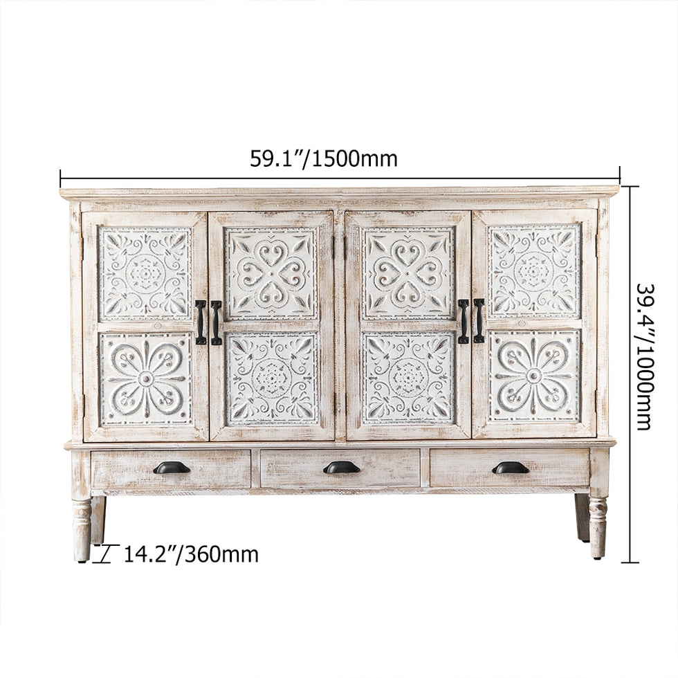 HMR - Farmhouse Distressed Buffet with 3 Drawers and 2 Shelves 59" in White