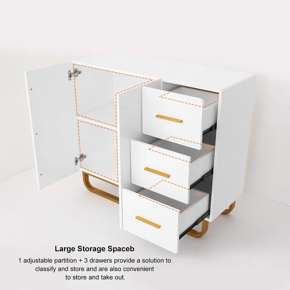 HMR - Nordic Buffet with Doors and Drawers and Adjustable Shelf in Small in White, 41.3"W