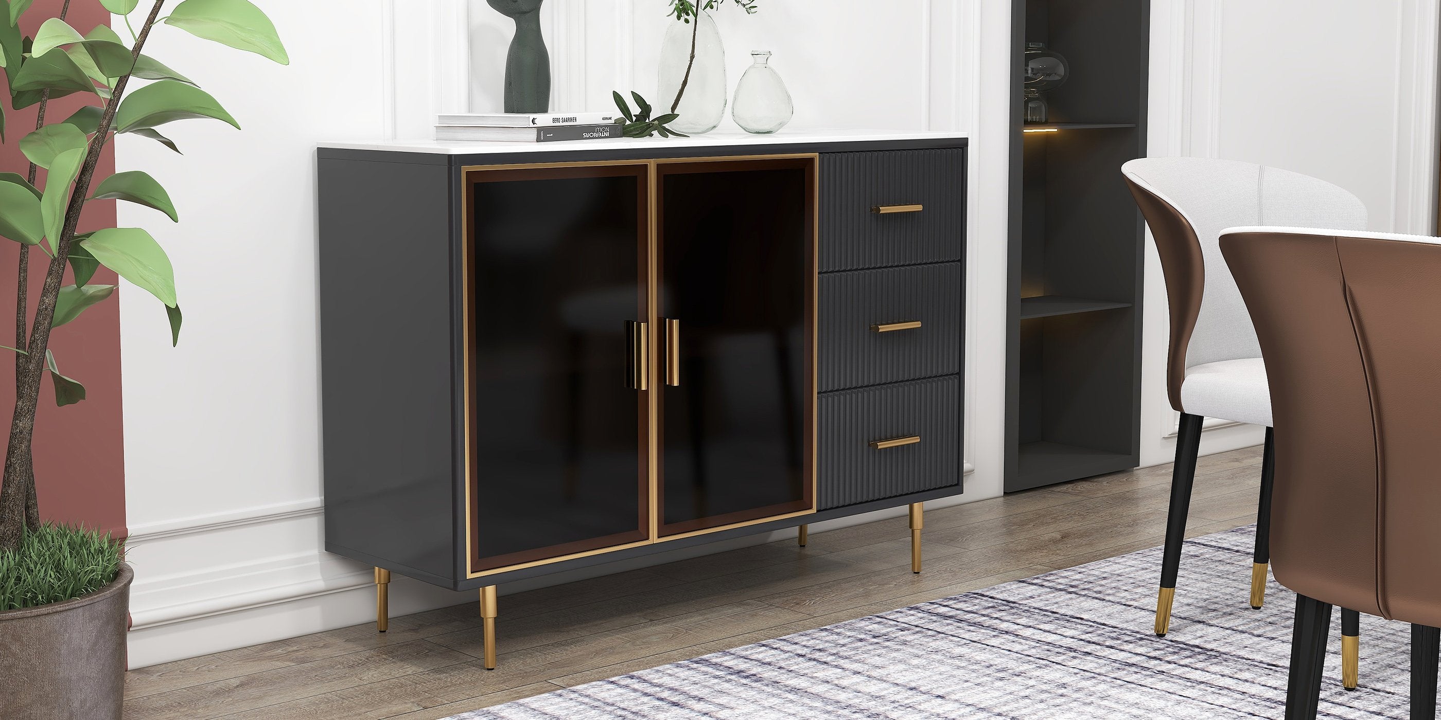 HMR - Cofab Sideboard Sintered Stone Top Luxury Buffet Tempered Glass Doors