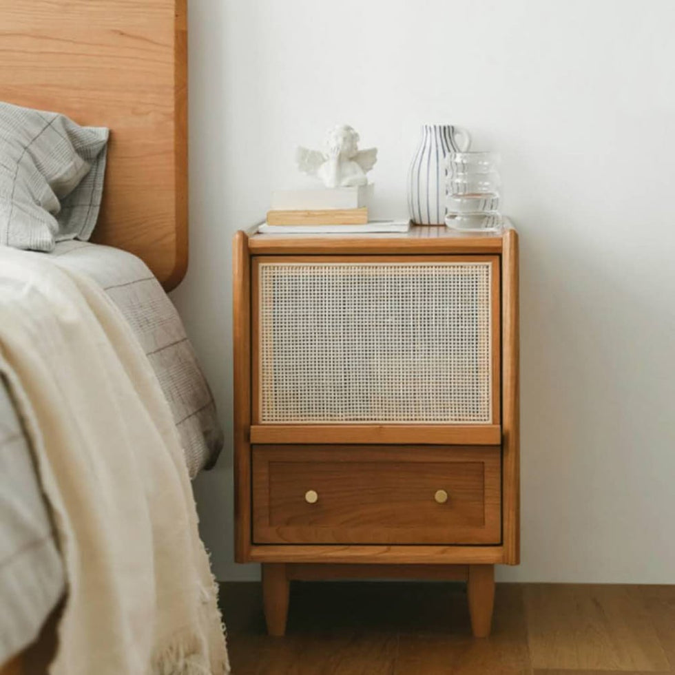 HMR - Rustic Rattan Nightstand with Storage Solid Wood