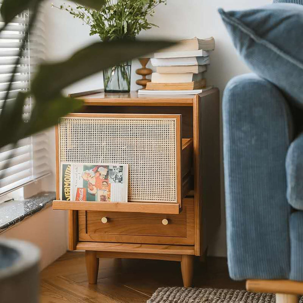 HMR - Rustic Rattan Nightstand with Storage Solid Wood