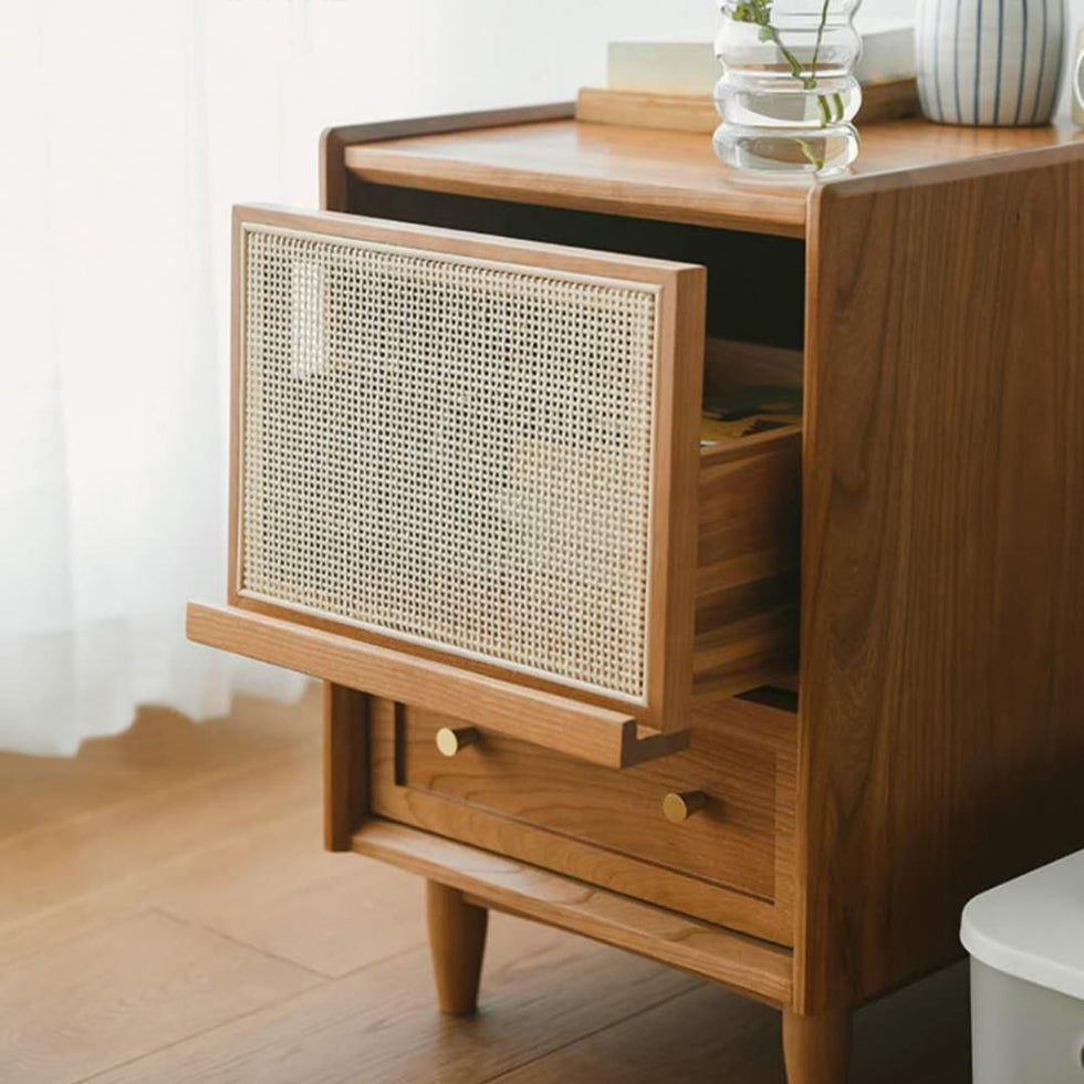 HMR - Rustic Rattan Nightstand with Storage Solid Wood
