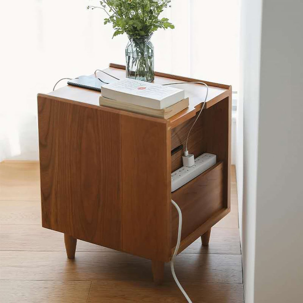 HMR - Rustic Rattan Nightstand with Storage Solid Wood