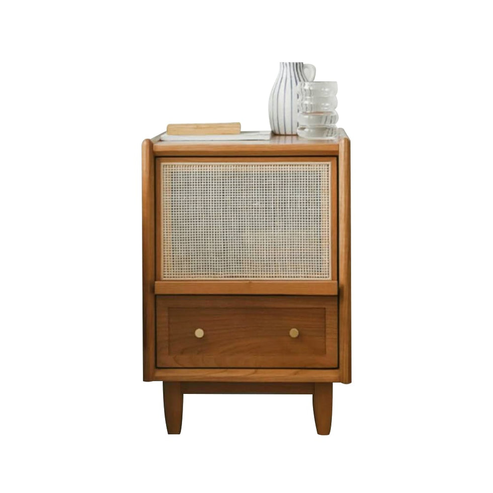 HMR - Rustic Rattan Nightstand with Storage Solid Wood