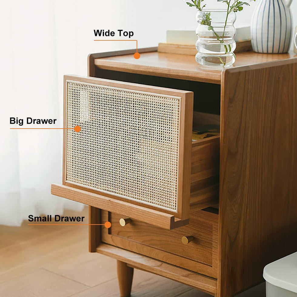 HMR - Rustic Rattan Nightstand with Storage Solid Wood