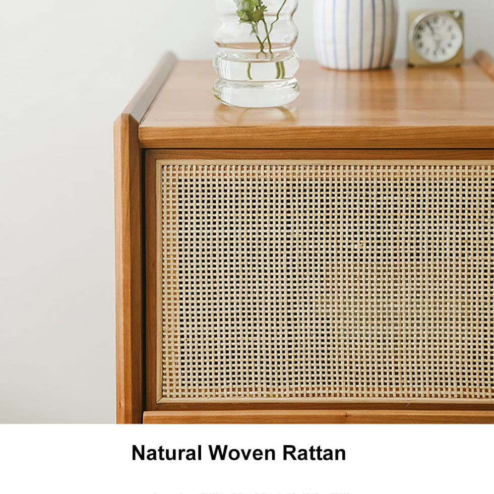HMR - Rustic Rattan Nightstand with Storage Solid Wood