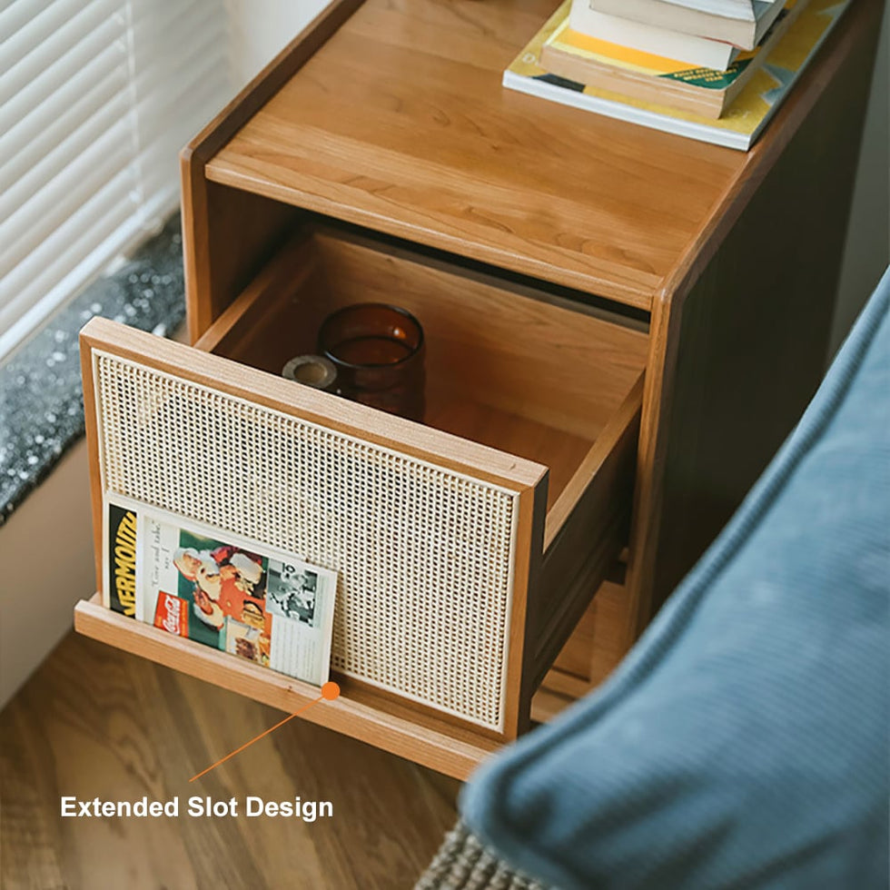 HMR - Rustic Rattan Nightstand with Storage Solid Wood