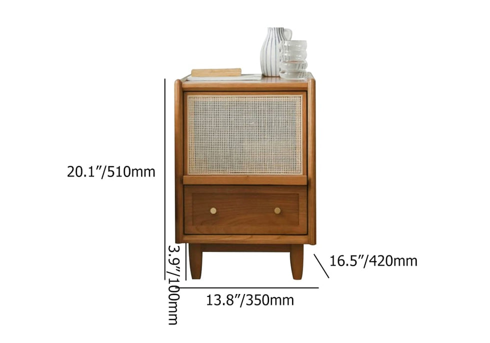 HMR - Rustic Rattan Nightstand with Storage Solid Wood