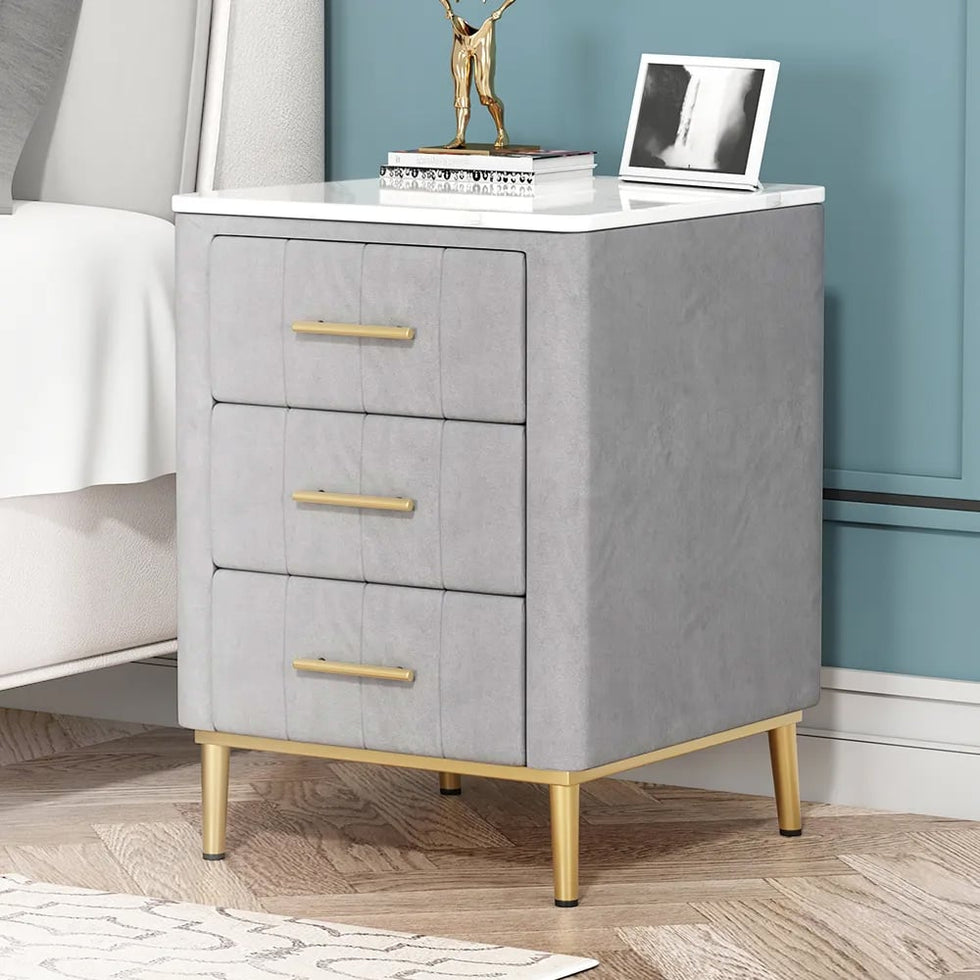 HMR - Velvet Bedside 3-Drawer Table with Sintered Stone Top in Gray