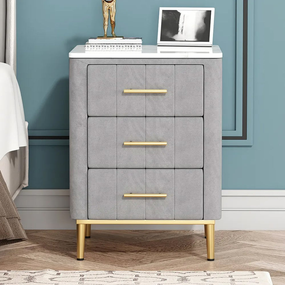 HMR - Velvet Bedside 3-Drawer Table with Sintered Stone Top in Gray