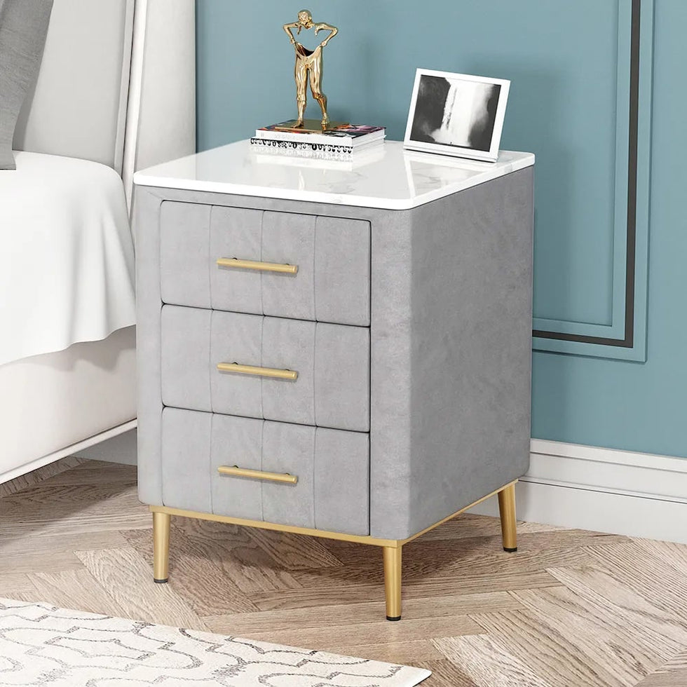 HMR - Velvet Bedside 3-Drawer Table with Sintered Stone Top in Gray