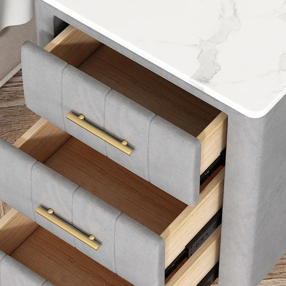 HMR - Velvet Bedside 3-Drawer Table with Sintered Stone Top in Gray