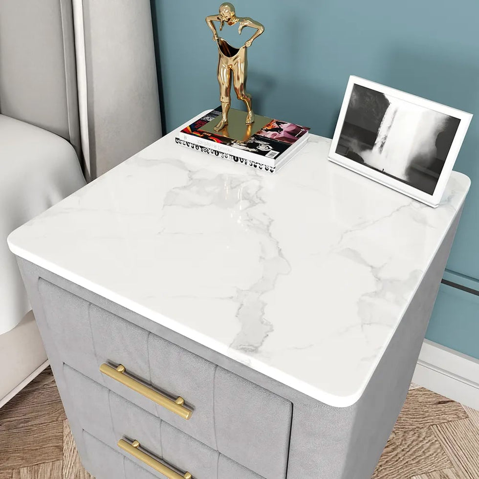 HMR - Velvet Bedside 3-Drawer Table with Sintered Stone Top in Gray