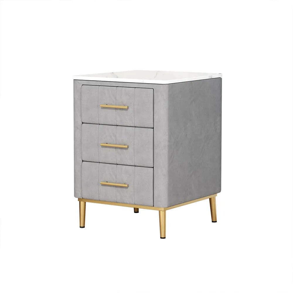 HMR - Velvet Bedside 3-Drawer Table with Sintered Stone Top in Gray