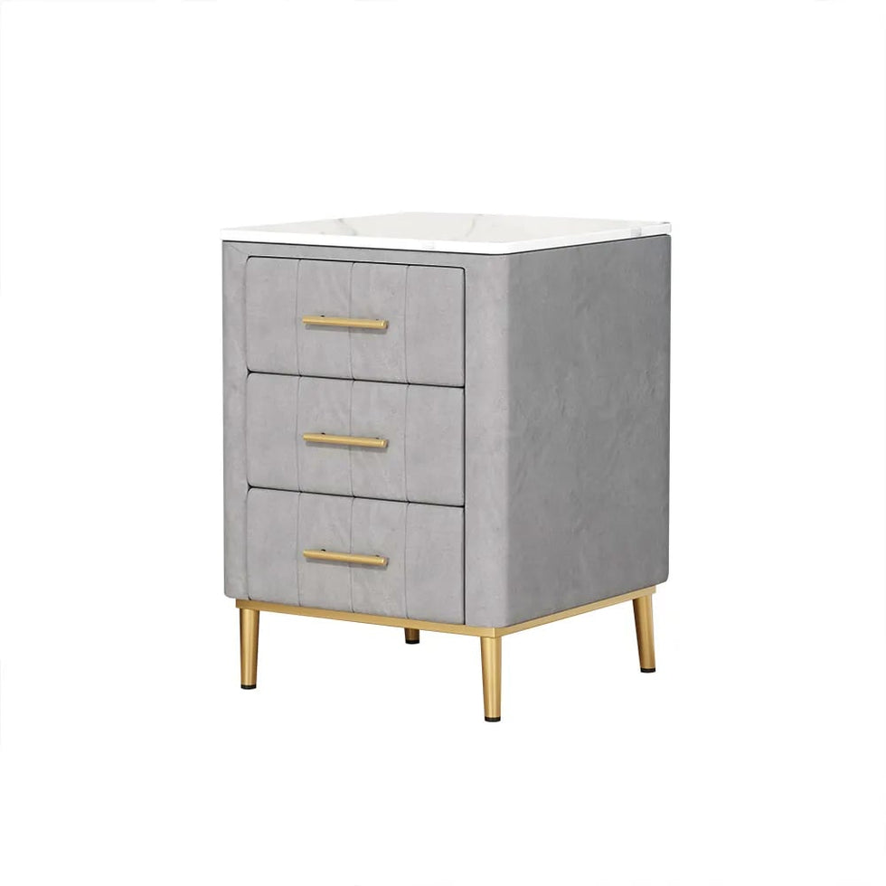 HMR - Velvet Bedside 3-Drawer Table with Sintered Stone Top in Gray