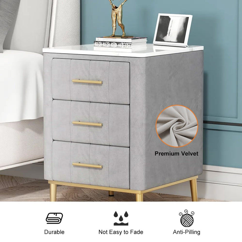 HMR - Velvet Bedside 3-Drawer Table with Sintered Stone Top in Gray