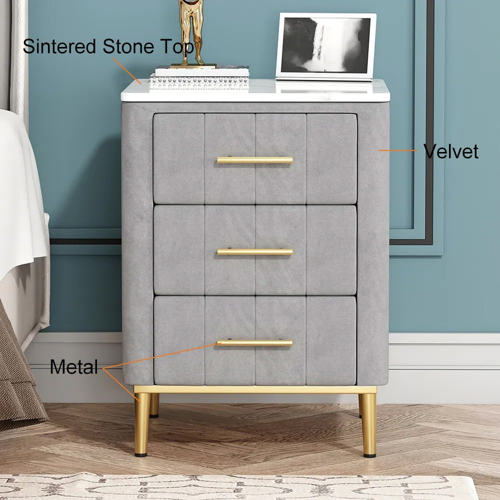 HMR - Velvet Bedside 3-Drawer Table with Sintered Stone Top in Gray