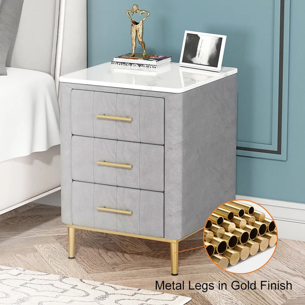 HMR - Velvet Bedside 3-Drawer Table with Sintered Stone Top in Gray