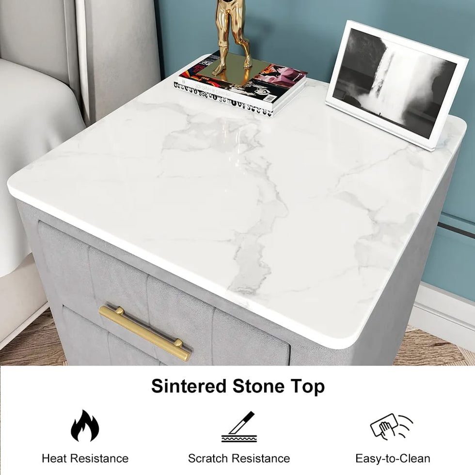 HMR - Velvet Bedside 3-Drawer Table with Sintered Stone Top in Gray