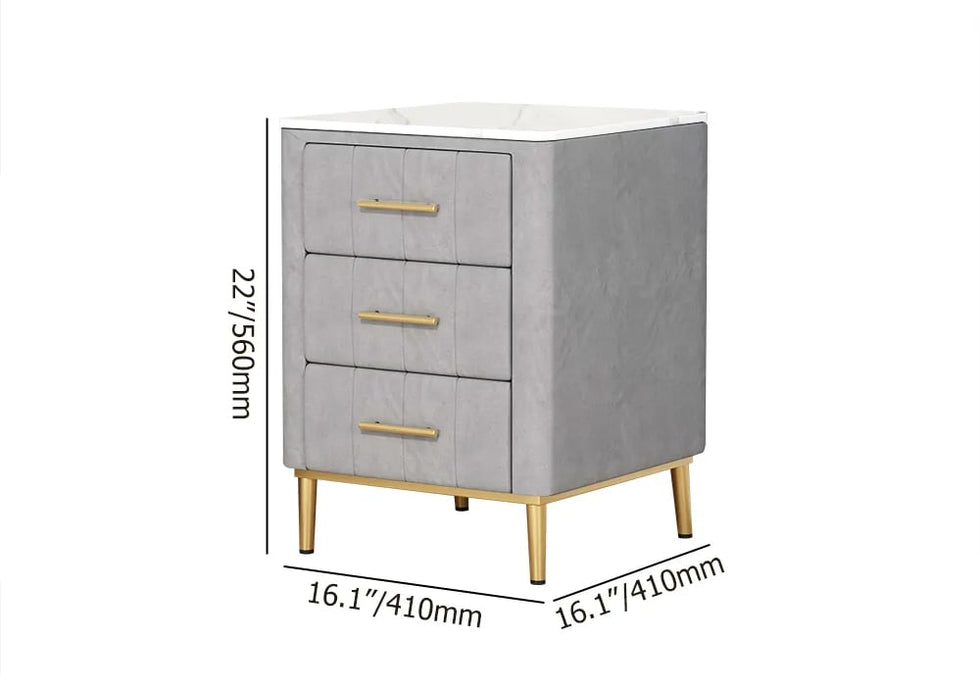 HMR - Velvet Bedside 3-Drawer Table with Sintered Stone Top in Gray