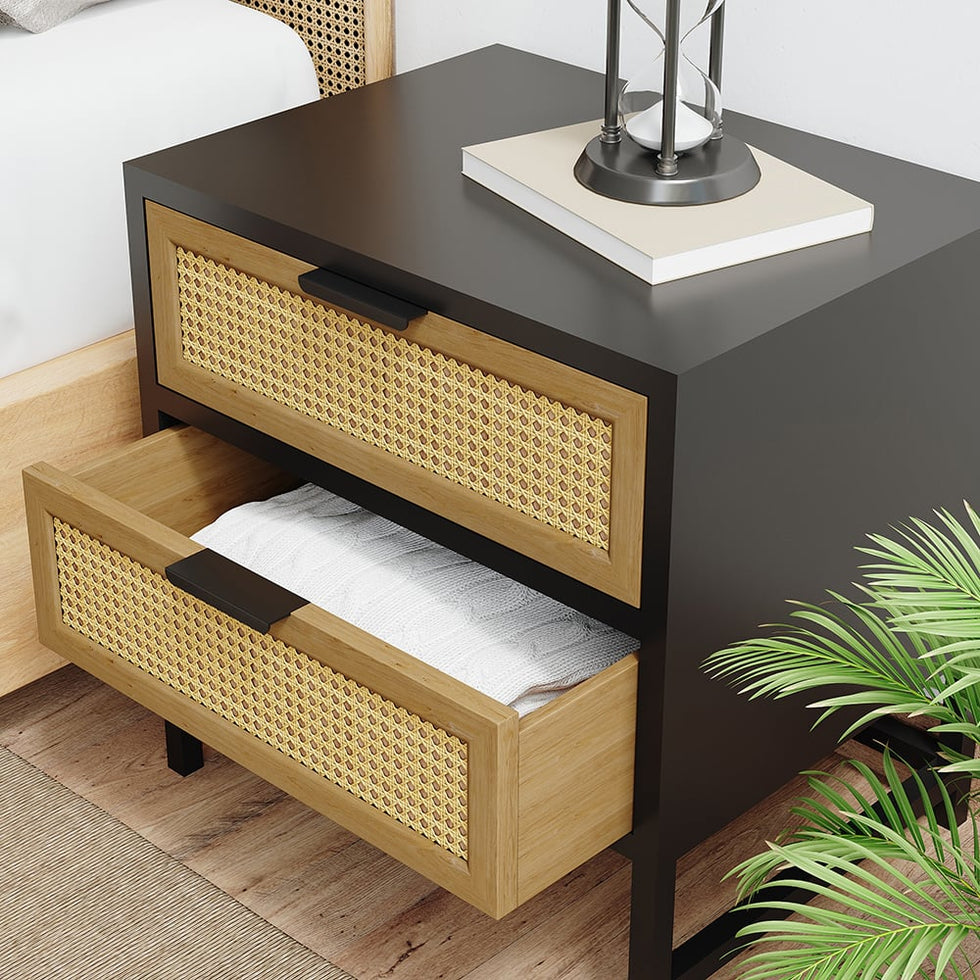 HMR - Industrial Wood 2-Drawer Rattan Nightstand in Black