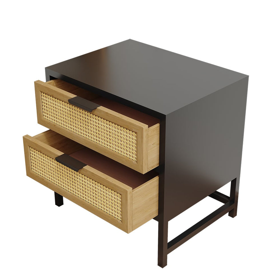HMR - Industrial Wood 2-Drawer Rattan Nightstand in Black
