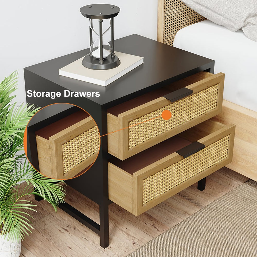 HMR - Industrial Wood 2-Drawer Rattan Nightstand in Black