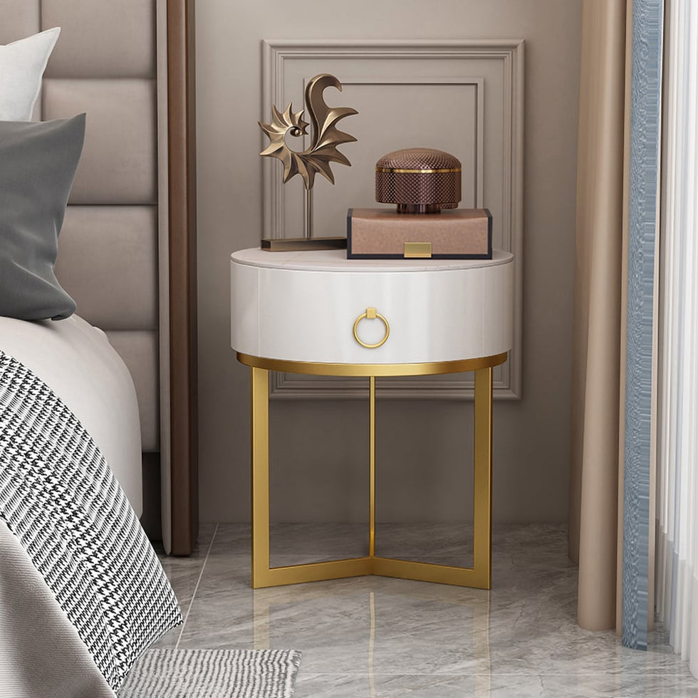 HMR - Round Single Drawer Nightstand with Frame in White and Gold