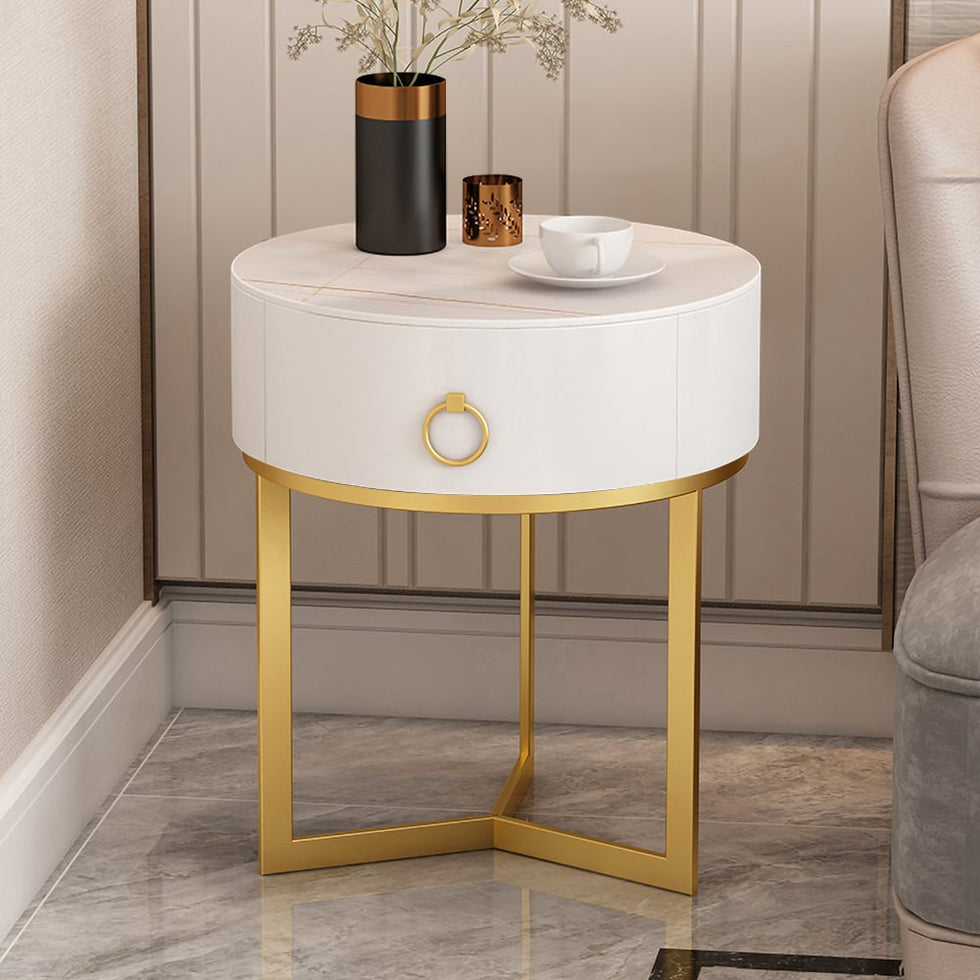 HMR - Round Single Drawer Nightstand with Frame in White and Gold