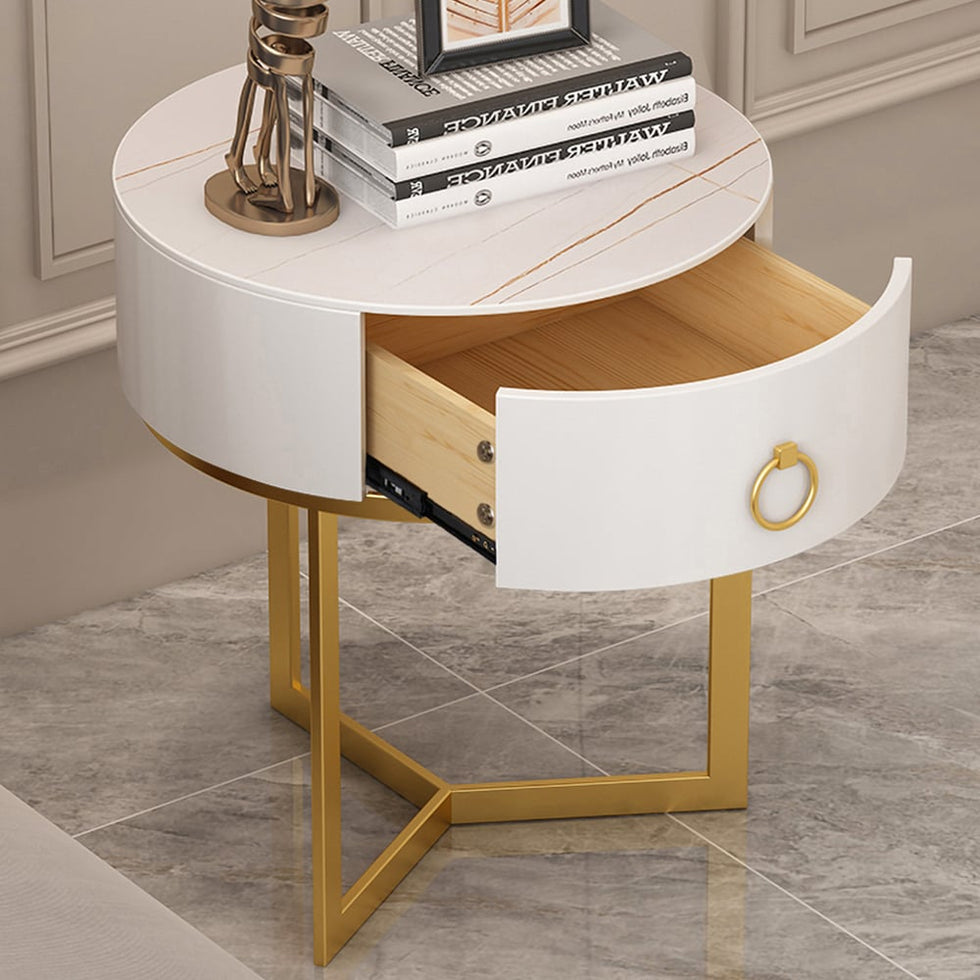 HMR - Round Single Drawer Nightstand with Frame in White and Gold