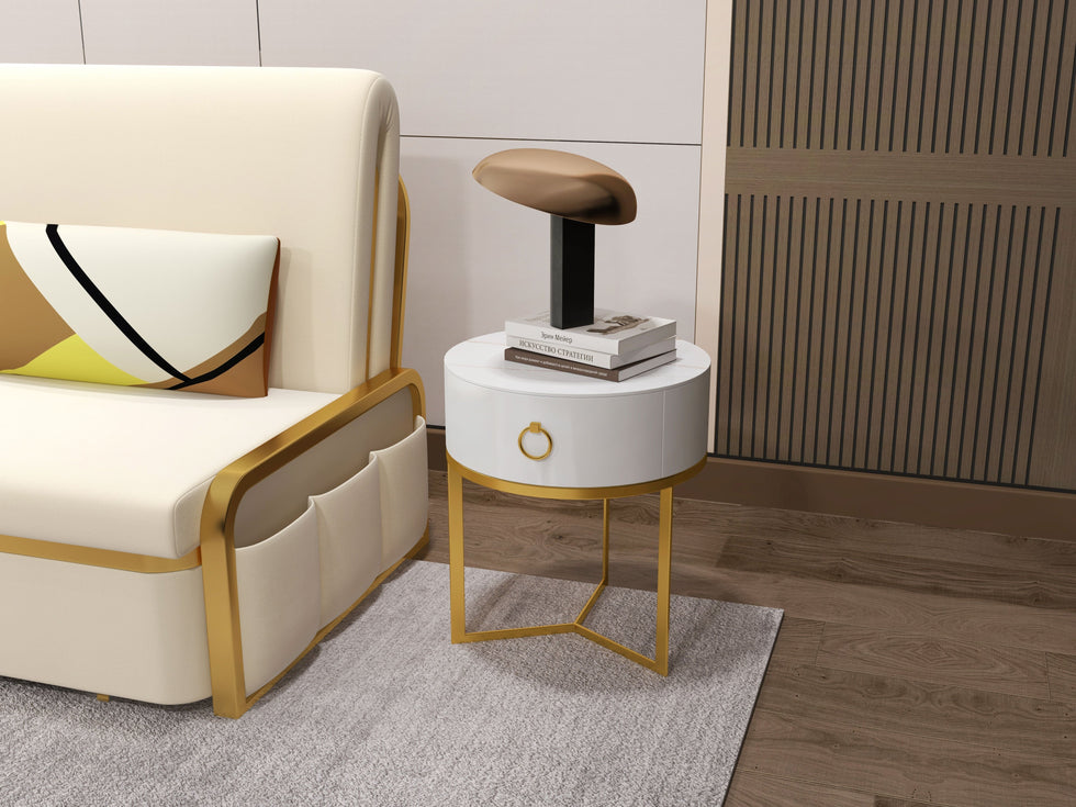HMR - Round Single Drawer Nightstand with Frame in White and Gold