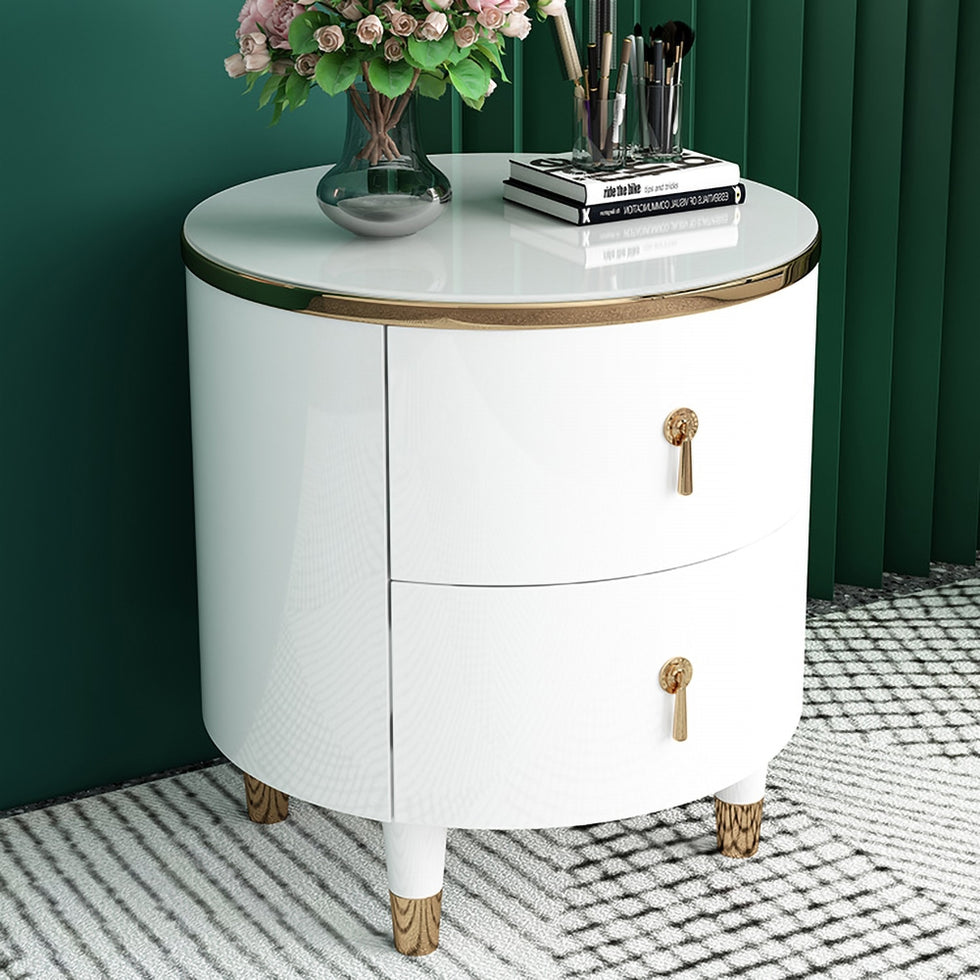 HMR - Round 2-Drawer Nightstand in Gold Finish in White