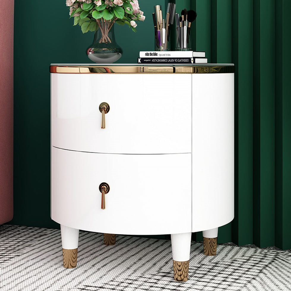 HMR - Round 2-Drawer Nightstand in Gold Finish in White
