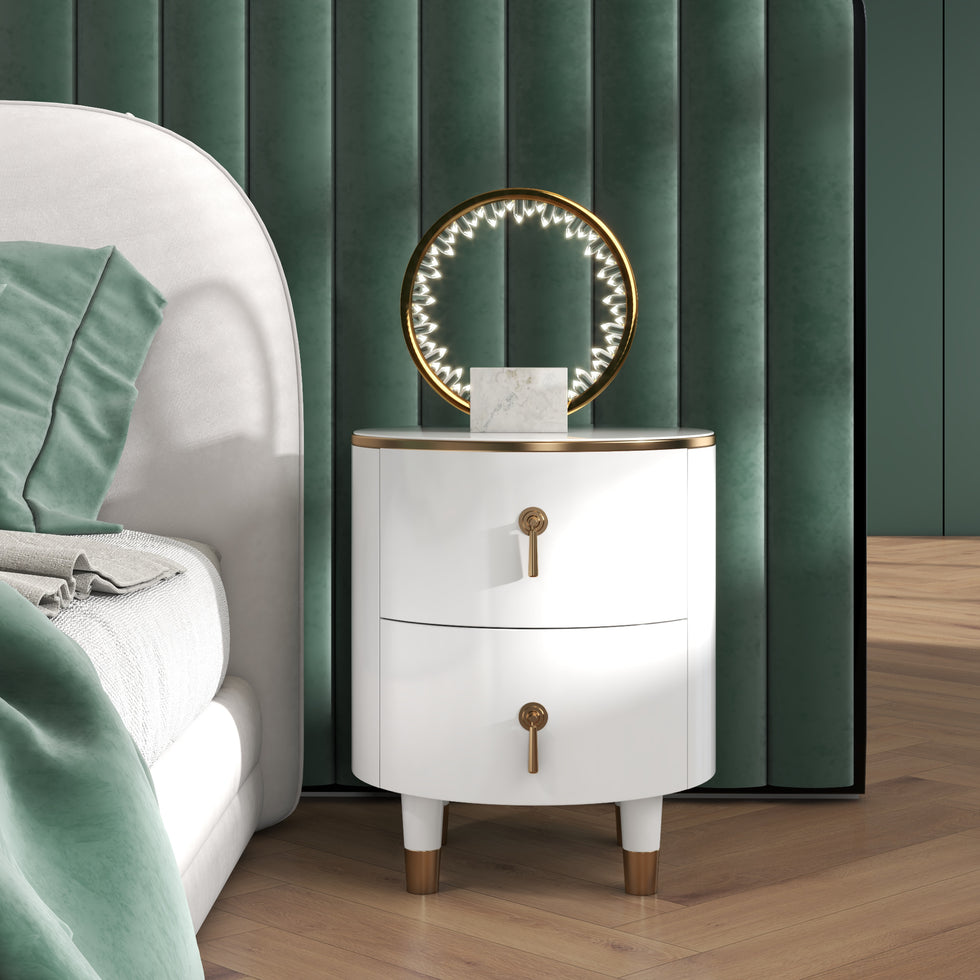 HMR - Round 2-Drawer Nightstand in Gold Finish in White