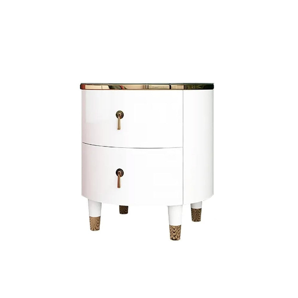 HMR - Round 2-Drawer Nightstand in Gold Finish in White