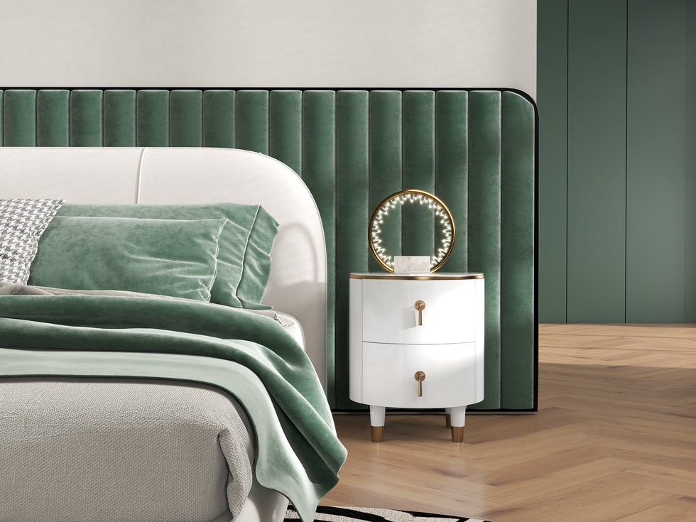 HMR - Round 2-Drawer Nightstand in Gold Finish in White